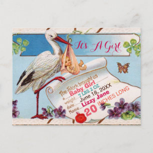 STORK,SHAMROCKS GiRL BABY SHOWER FÖDELSESTATER Inbjudan Vykort