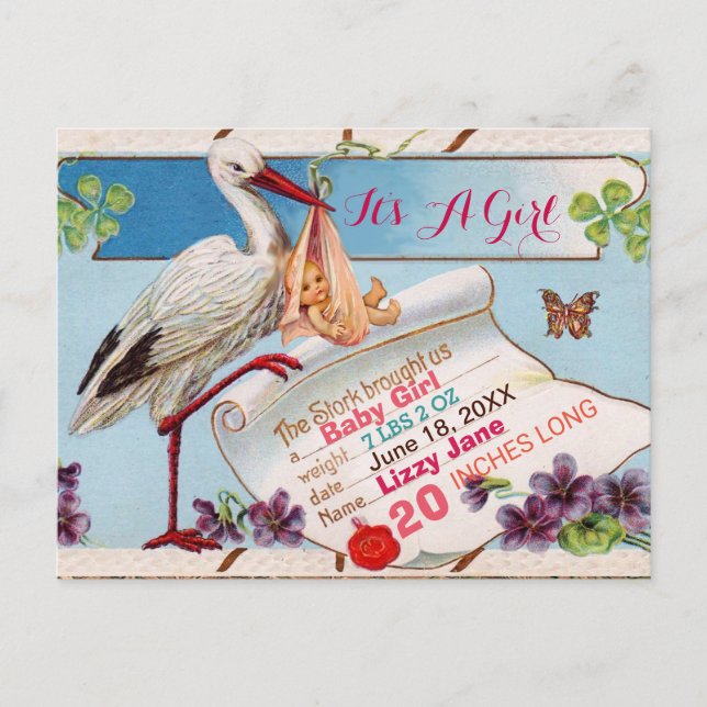 STORK,SHAMROCKS GiRL BABY SHOWER FÖDELSESTATER Inbjudan Vykort (Framsida)