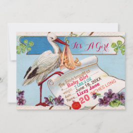 STORK,SHAMROCKS GiRL BABY SHOWER FÖDELSESTATER Inbjudningar