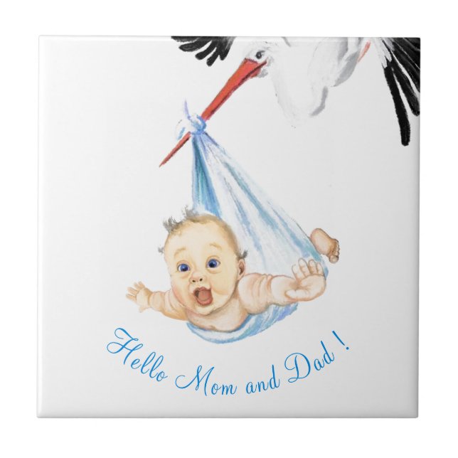 Stork som bär Baby-stilen med Anpassningsbar Text Kakelplatta (Framsidan)
