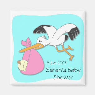 Stork som bär bebis tecknad baby shower magnet