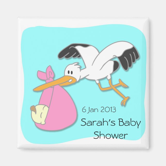 Stork som bär bebis tecknad baby shower magnet (Framsidan)