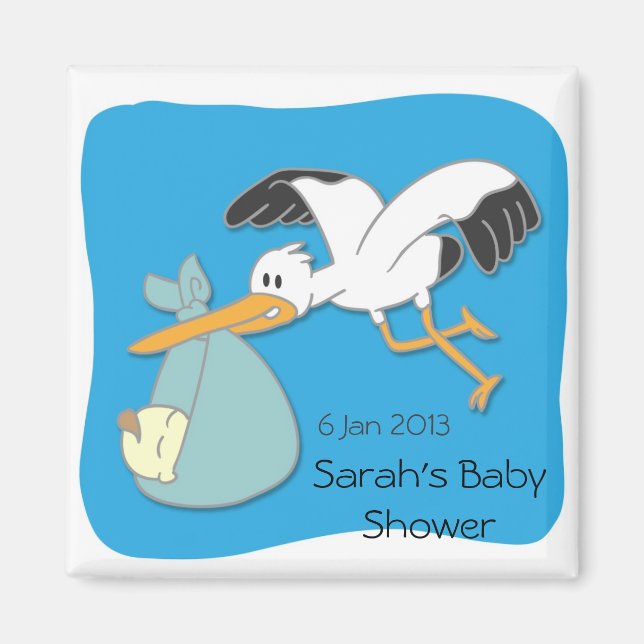 Stork som bär bebis tecknad baby shower magnet (Framsidan)