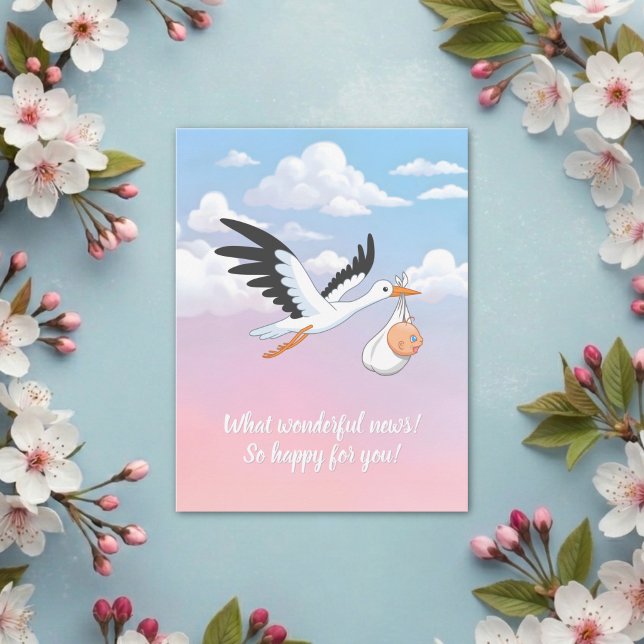 Stork som bär en baby bland molnig himmel vykort (Skapare uppladdad)