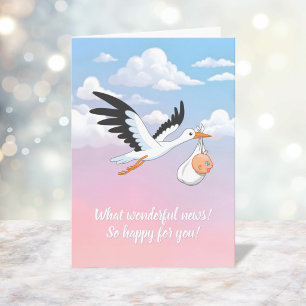 Stork som bär en baby mitt i molnig himmel kort