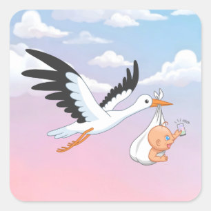 Stork som bär en baby tar första selfie himlen fyrkantigt klistermärke