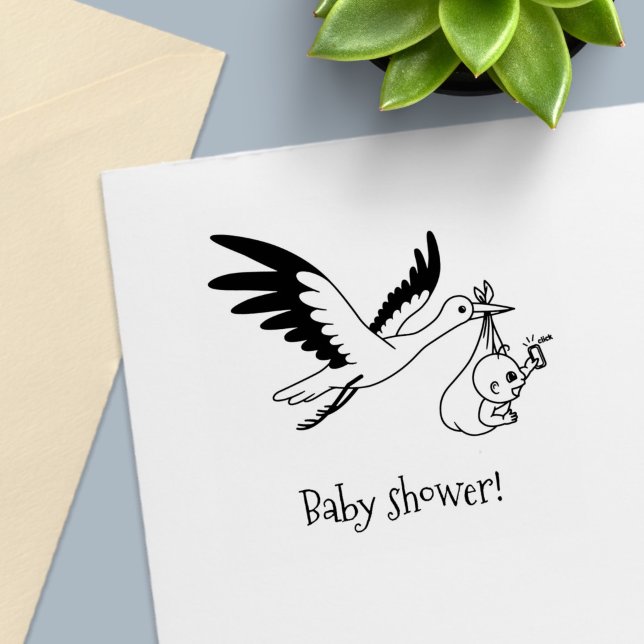 Stork som bär på bebispaket Babyshower Självfärgande Stämpel (Skapare uppladdad)