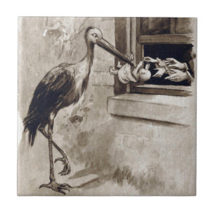 Stork som levererar babyvintage kakelplatta