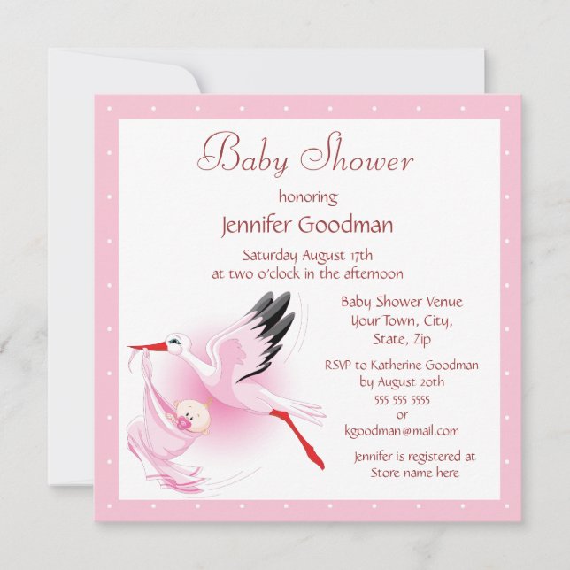 Stork som levererar bebis Rosa Baby Shower Inbjudningar (Framsida)