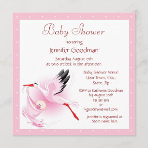 Stork som levererar bebis Rosa Baby Shower Inbjudningar