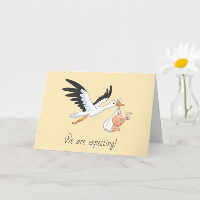 Stork som transporterar en Baby som tar första Sel Kort (Liten växt)