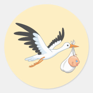 Stork som transporterar en Gult i Baby-paket Runt Klistermärke