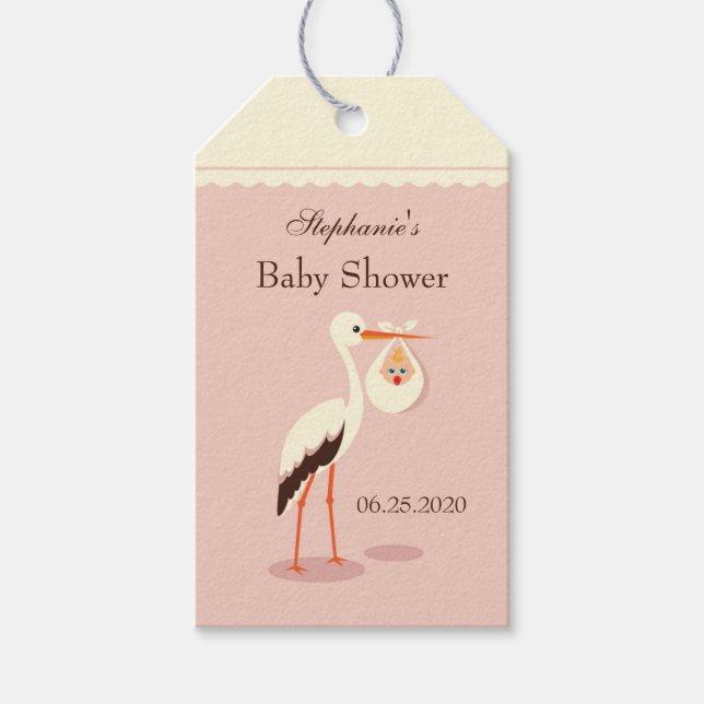 Stork som transporterar söt baby Baby Shower Gift- Presentetikett (Framsidan)