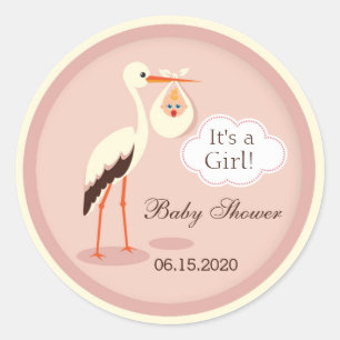 Stork som transporterar söt flicka Baby Shower Sti Runt Klistermärke