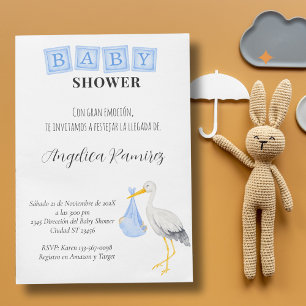 Stork Spansk babystövel Dusty Blue Qr Code Gift Inbjudningar