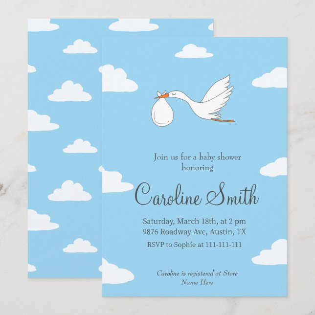 Stork Special Delivery Baby Shower Inbjudan  (Fram/baksida)