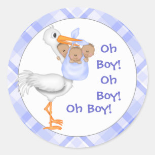 Stork & Triplet Boys (mörk skin) Baby-meddelande Runt Klistermärke
