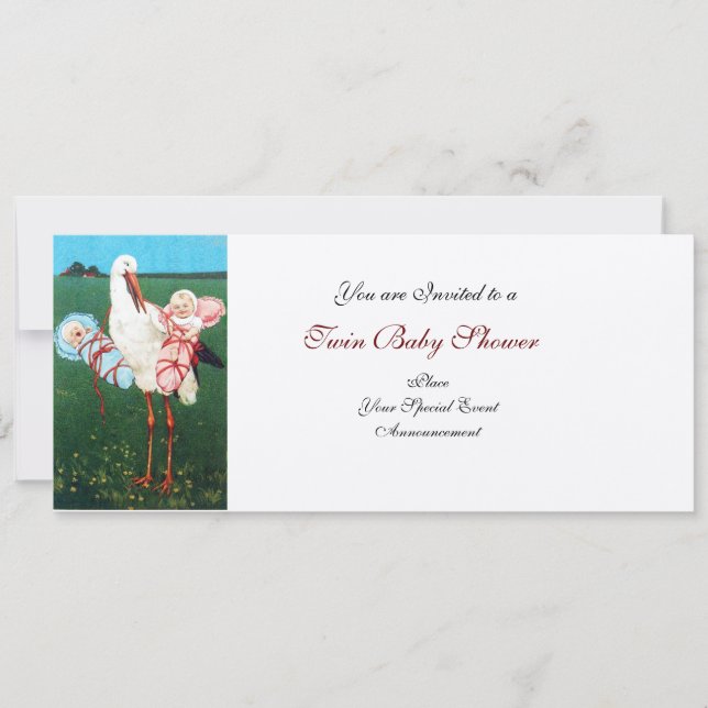 STORK TWIN BABY SHOWER , champagne metallic Inbjudningar (Framsida)