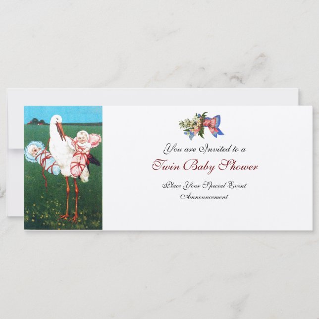 STORK TWIN BABY SHOWER , champagne metallic Inbjudningar (Framsida)