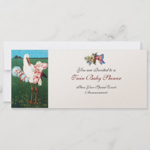 STORK TWIN BABY SHOWER , champagne metallic Inbjudningar