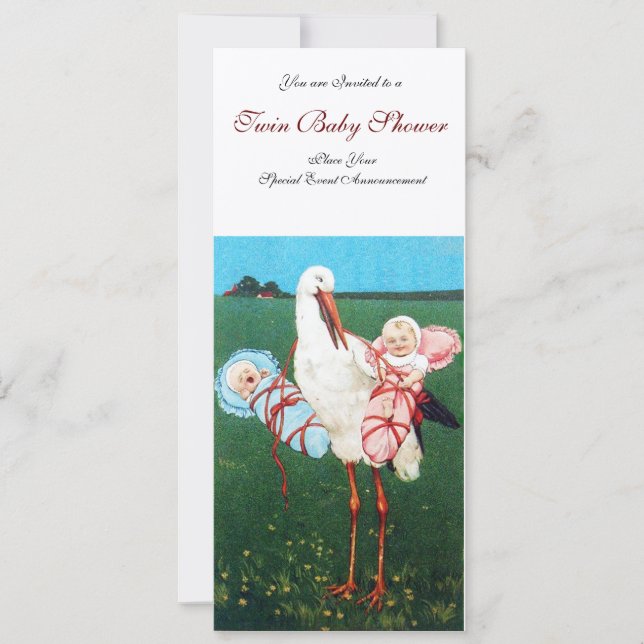 STORK TWIN BABY SHOWER , champagne metallic Inbjudningar (Framsida)