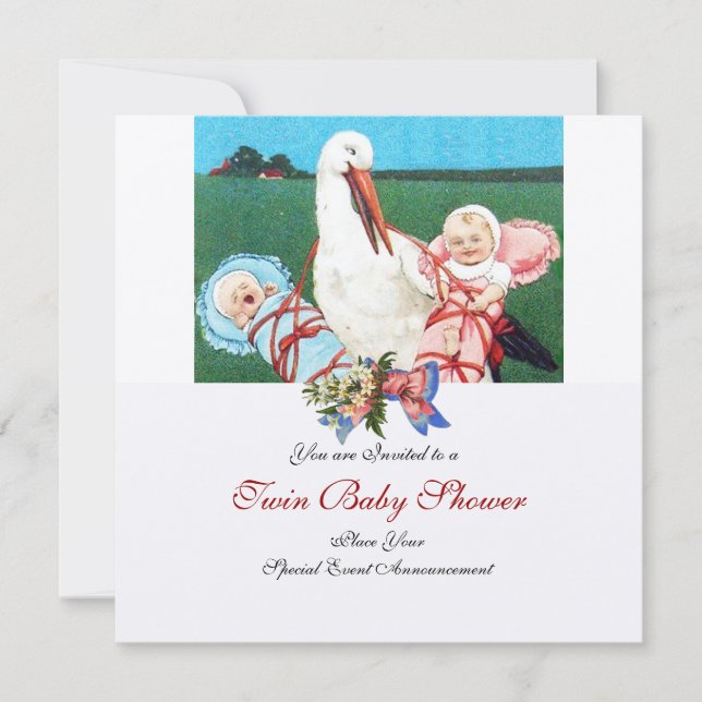 STORK TWIN BABY SHOWER , champagne metallic Inbjudningar (Framsida)