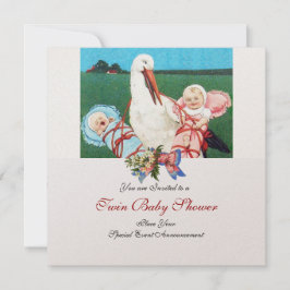STORK TWIN BABY SHOWER , champagne metallic Inbjudningar
