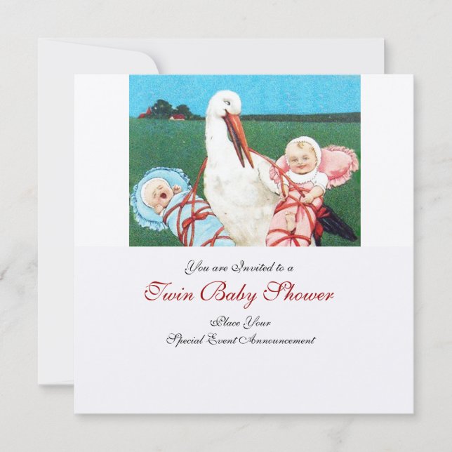 STORK TWIN BABY SHOWER ,guld metallisk papper Inbjudningar (Framsida)