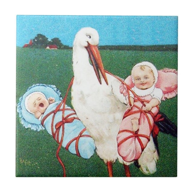 STORK TWIN BABY SHOWER MONOGRAM KAKELPLATTA (Framsidan)