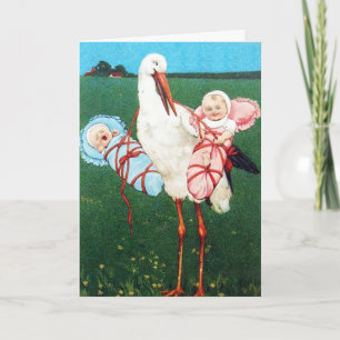 STORK TWIN BABYSHOWER, Rosa ,Turkosblå Tack Kort