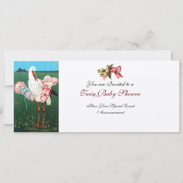 STORK TWIN FLICKA SHOWER Champagne Metallic Inbjudningar (Framsida)