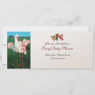 STORK TWIN FLICKA SHOWER Champagne Metallic Inbjudningar