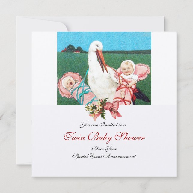 STORK TWIN FLICKA SHOWER , champagnemetall Inbjudningar (Framsida)