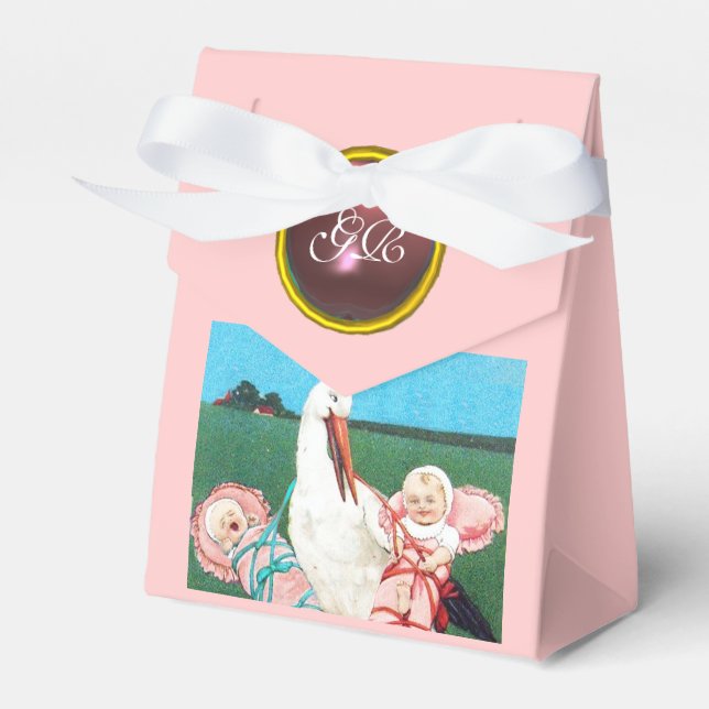 STORK TWIN FLICKA SHOWER ROSA GEM MONOGRAM PRESENTASKAR (Framsidan Sidan)