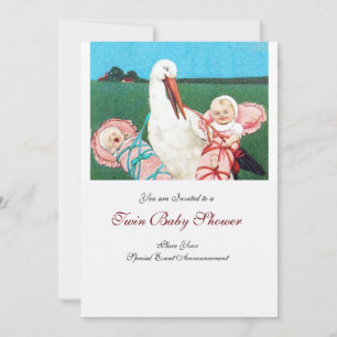 STORK TWIN FLICKA SHOWER Rosa Vitinbjudan Inbjudningar