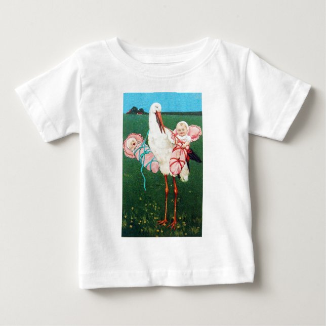 STORK TWIN GIRL BABY SHOWER, Rosa White Tee Shirt (Framsida)