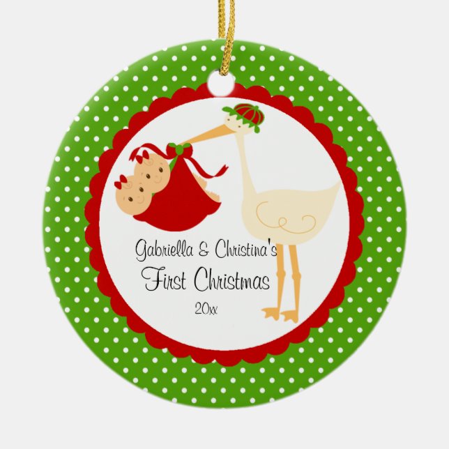 Stork Twin Girls Baby's First Christmas Ornament (Framsidan)