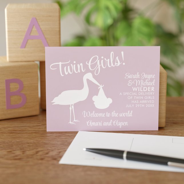 Stork Twin Girls Rosa Birth Notification Postcard Meddelande Vykort (Skapare uppladdad)
