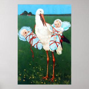 STORK TWIN POJKE BABY SHOWER MONOGRAM, POSTER