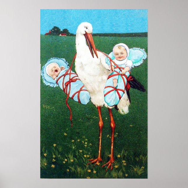 STORK TWIN POJKE BABY SHOWER MONOGRAM, POSTER (Framsidan)