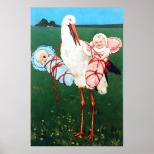 STORK TWIN POJKE OCH Flicka BABYFYND MONOGRAM, Poster