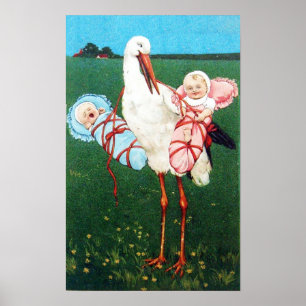 STORK TWIN POJKE OCH Flicka BABYFYND MONOGRAM, Poster