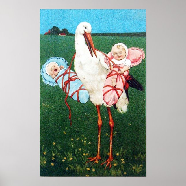 STORK TWIN POJKE OCH Flicka BABYFYND MONOGRAM, Poster (Framsidan)