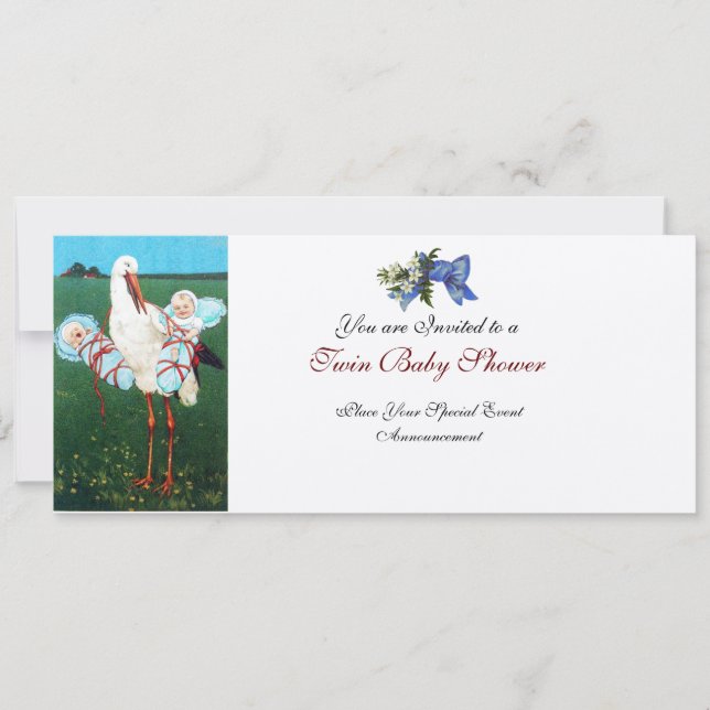 STORK TWIN POJKE SHOWER Champagne Metallic Inbjudningar (Framsida)