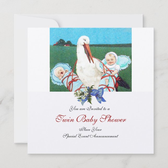 STORK TWIN POJKE SHOWER , champagnemetall Inbjudningar (Framsida)