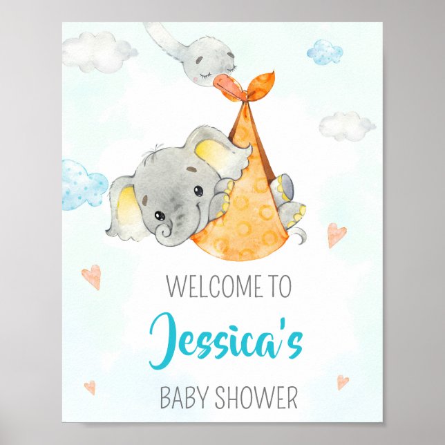 Stork välkommen party-skylt Boy elephant party pos Poster (Framsidan)