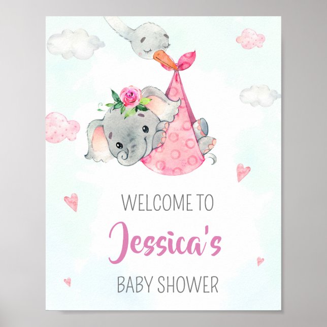 Stork välkommen party-skylt Flickelelefant poster (Framsidan)