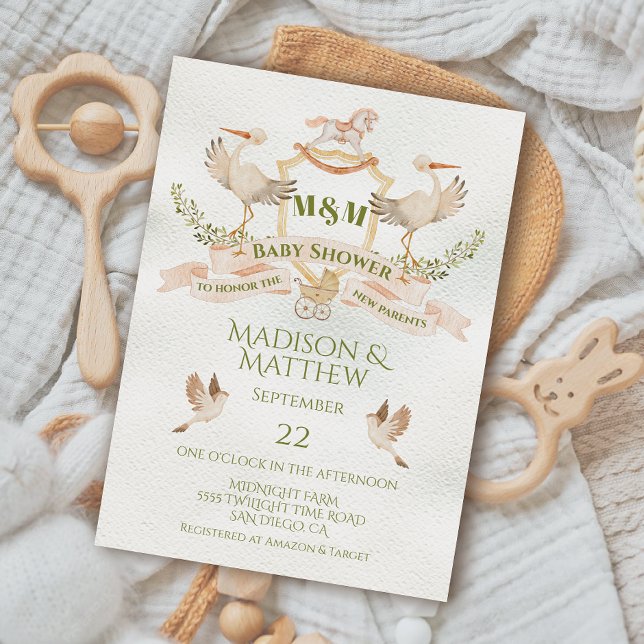 Stork Vapensköld Vattencolor Baby Shower Inbjudningar (Skapare uppladdad)