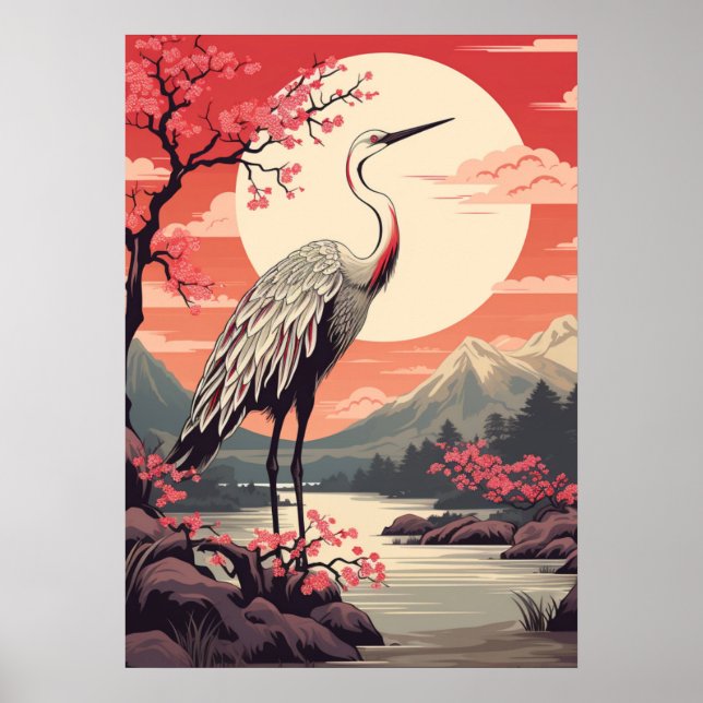 Stork vid soluppgången vid Sjö och Sakura träd Poster (Framsidan)