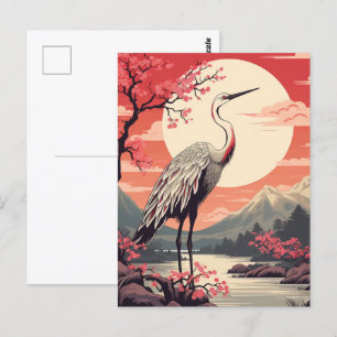 Stork vid soluppgången vid Sjö och Sakura träd Vykort